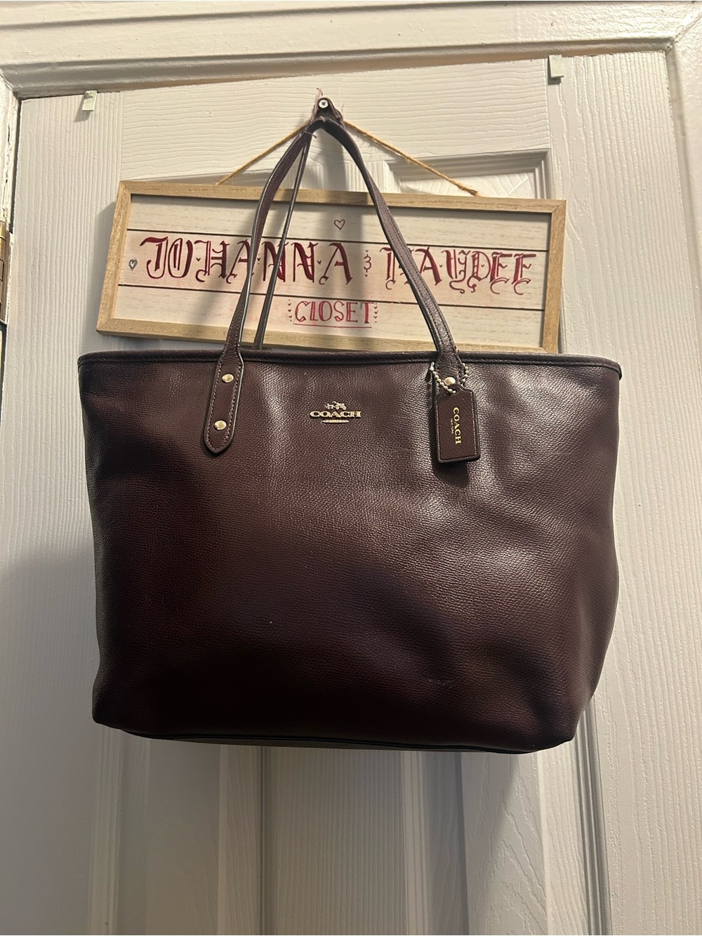 Coach Leather Tote Bag - Burgundy Brown